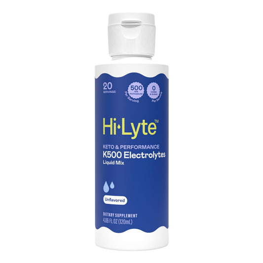 Hi-Lyte K500 electrolyte drops bottle close-up for quick, sugar-free hydration.