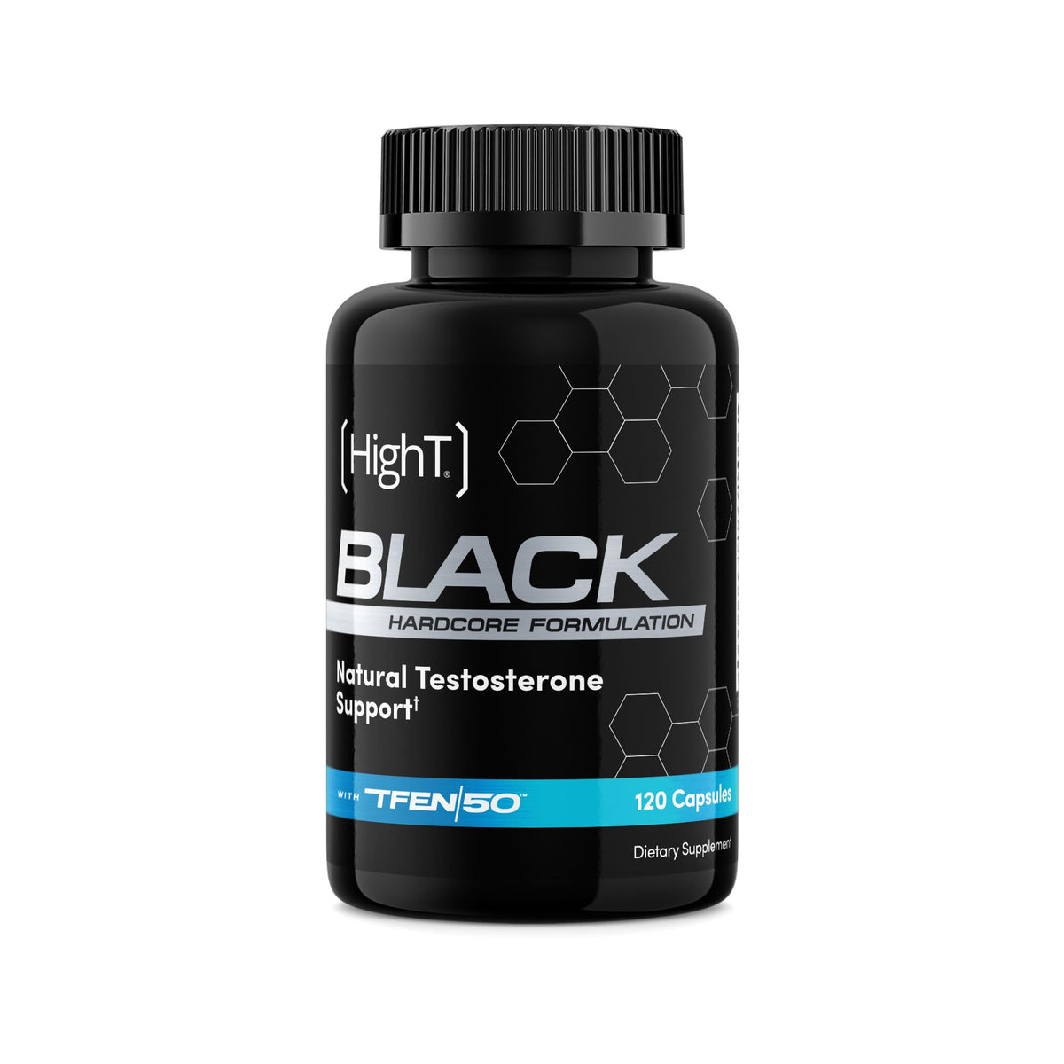 HI-T High T Black bottle front with premium packaging promoting vitality