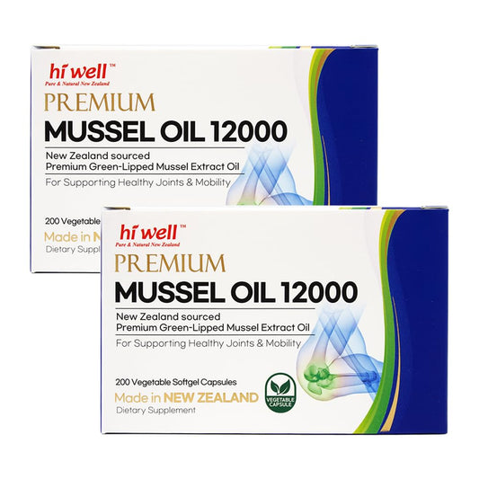 Hi Well green-lipped mussel 12000 softgel bottle for daily wellness support