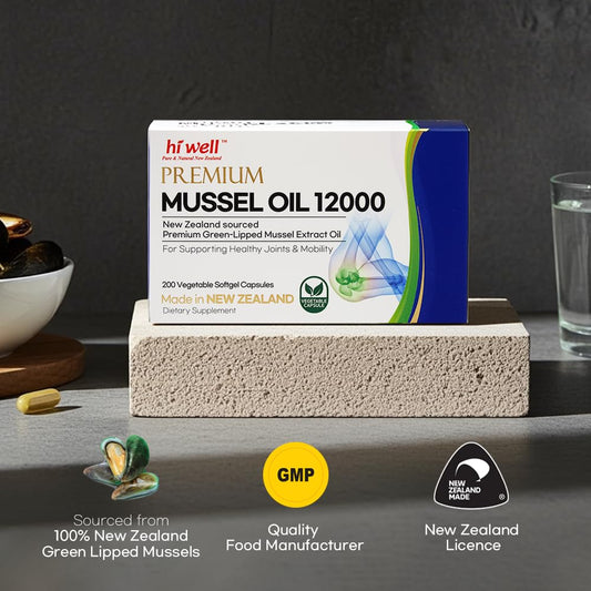 Hi Well green-lipped mussel 12000 softgel capsules closeup showing high-strength formula.