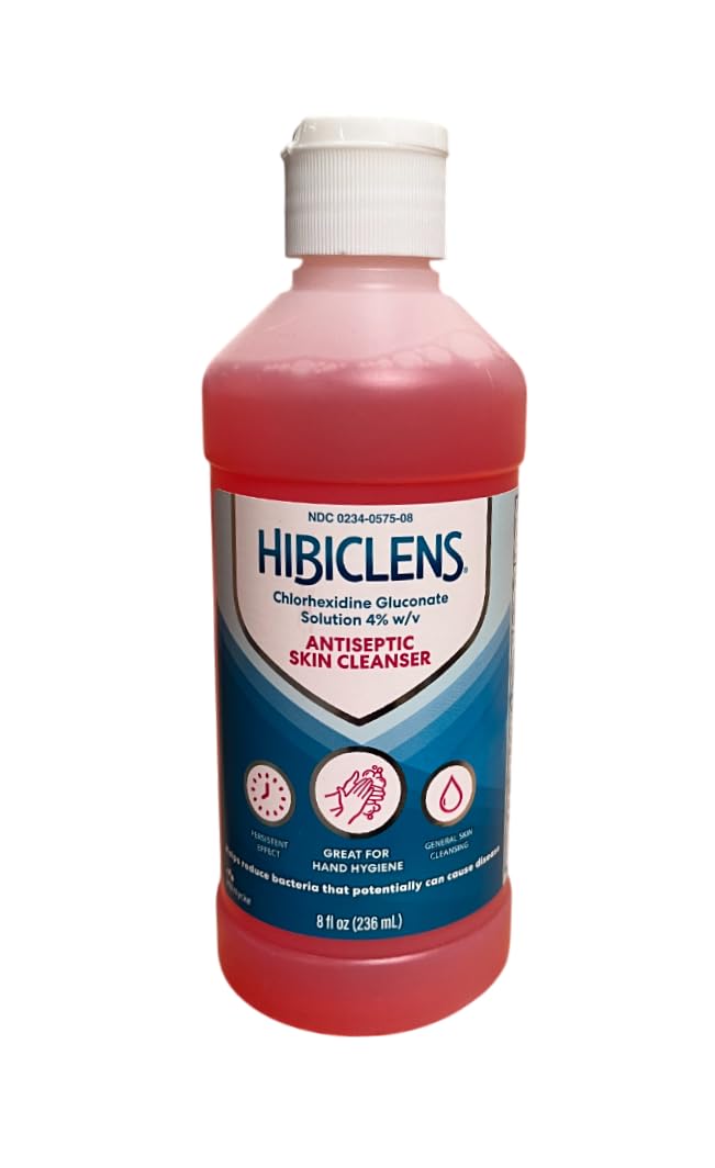 Hibiclens liquid 8 oz bottle being poured for daily cleansing.