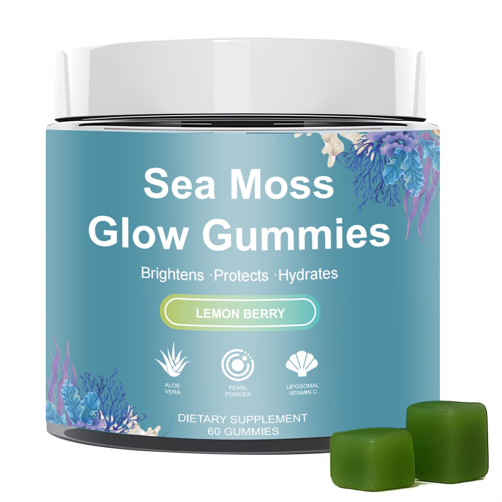 HICFRWE Sea Moss Glow Gummies bottle promoting hair growth support.