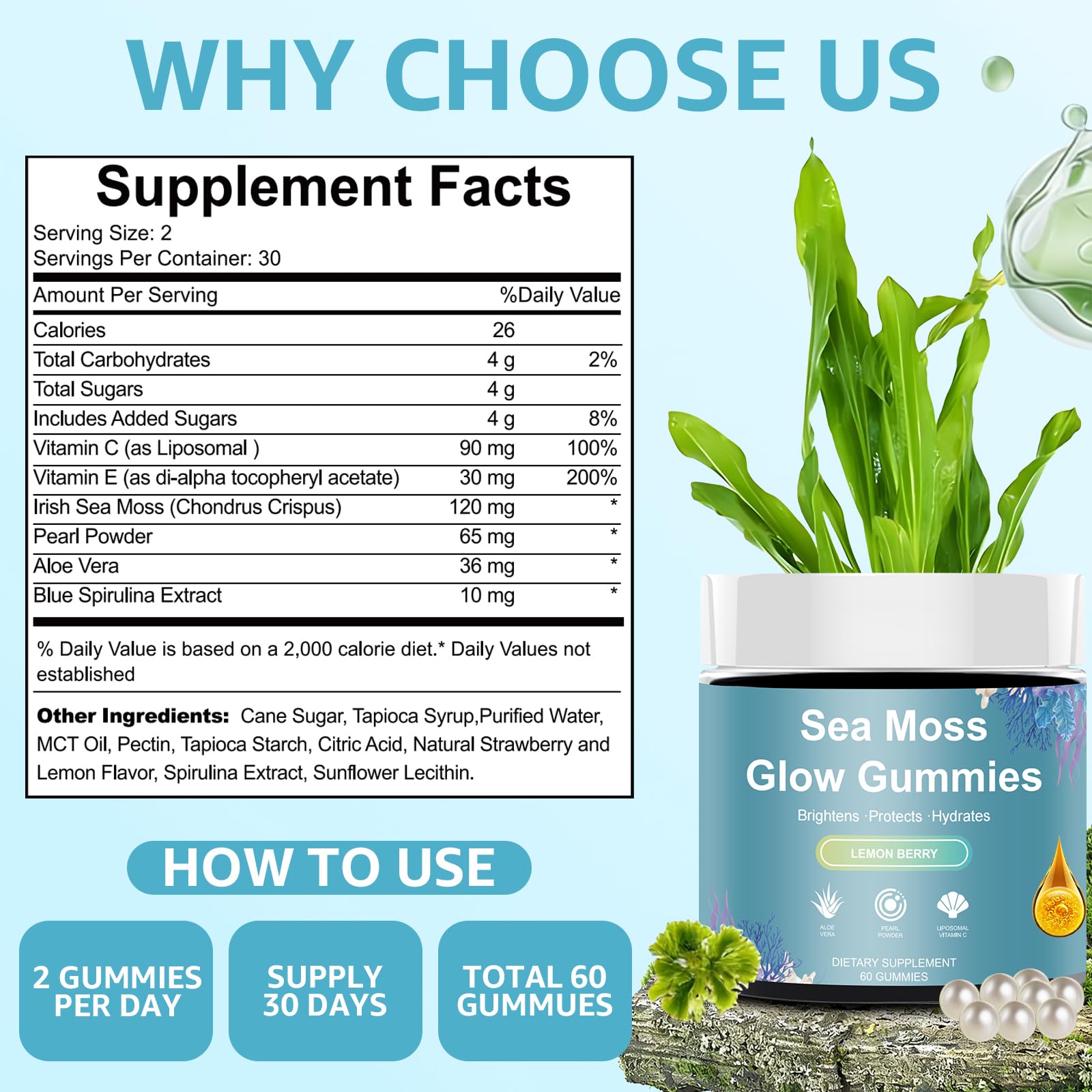 HICFRWE Sea Moss Glow Gummies pearl powder blend shown.
