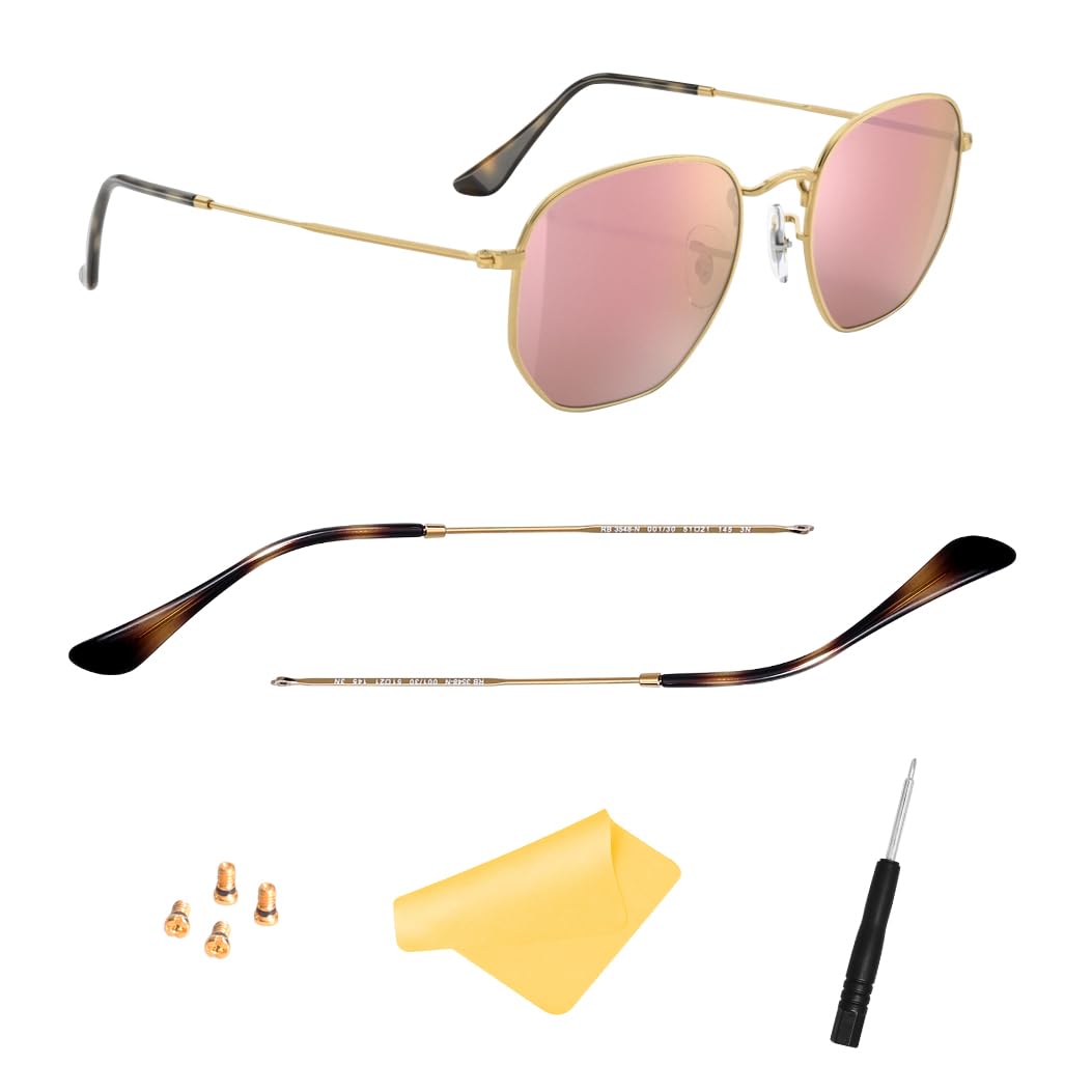 HiCycle2 replacement temple arm for Ray-Ban; durable gold metal frame fits hexagonal flat lenses