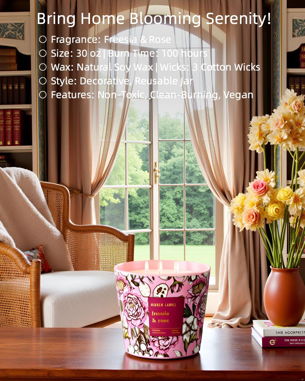 Hidden Label soy wax candle, clean burn for up to 100 hours.
