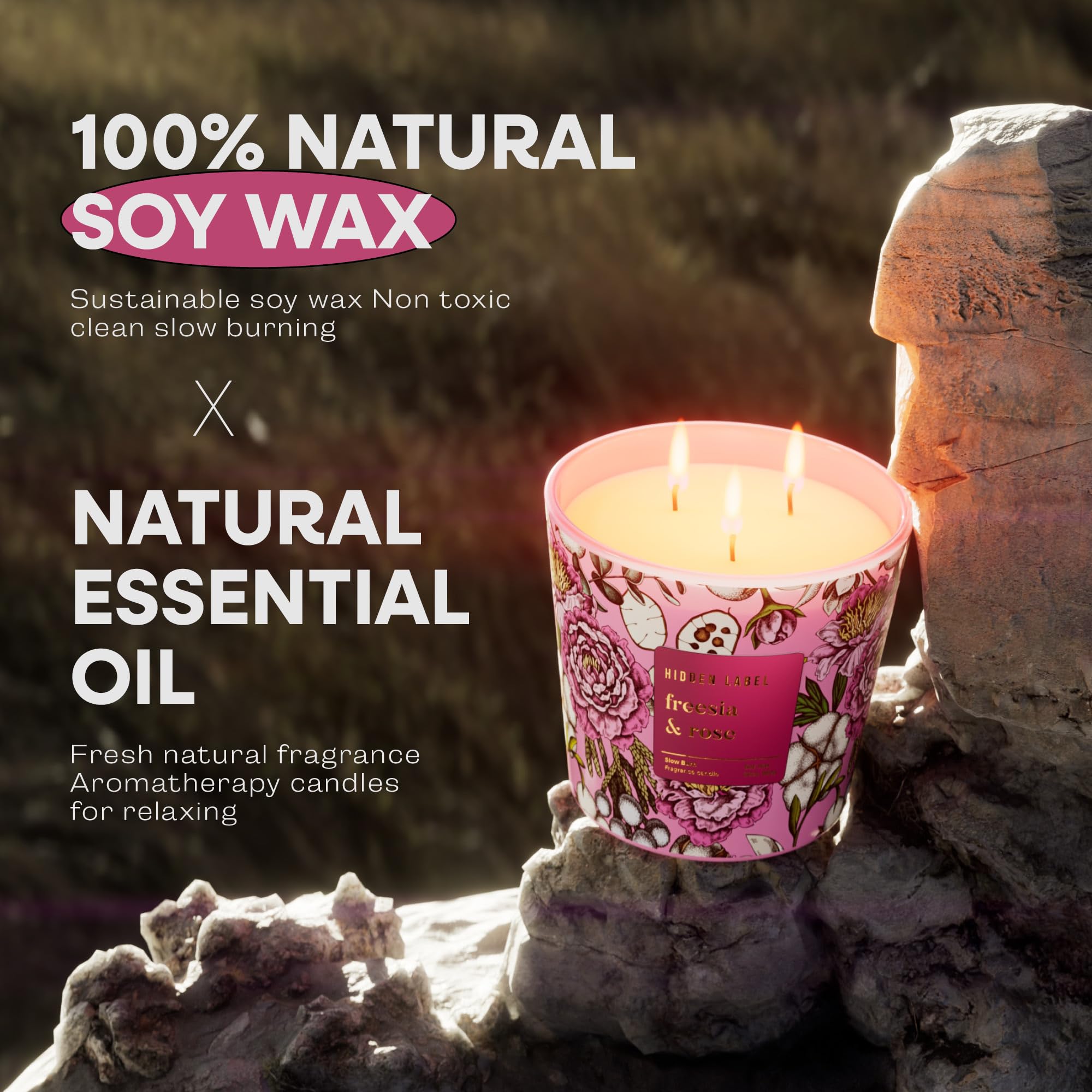 Hidden Label warm ambience room scene with floral freesia-rose scent.
