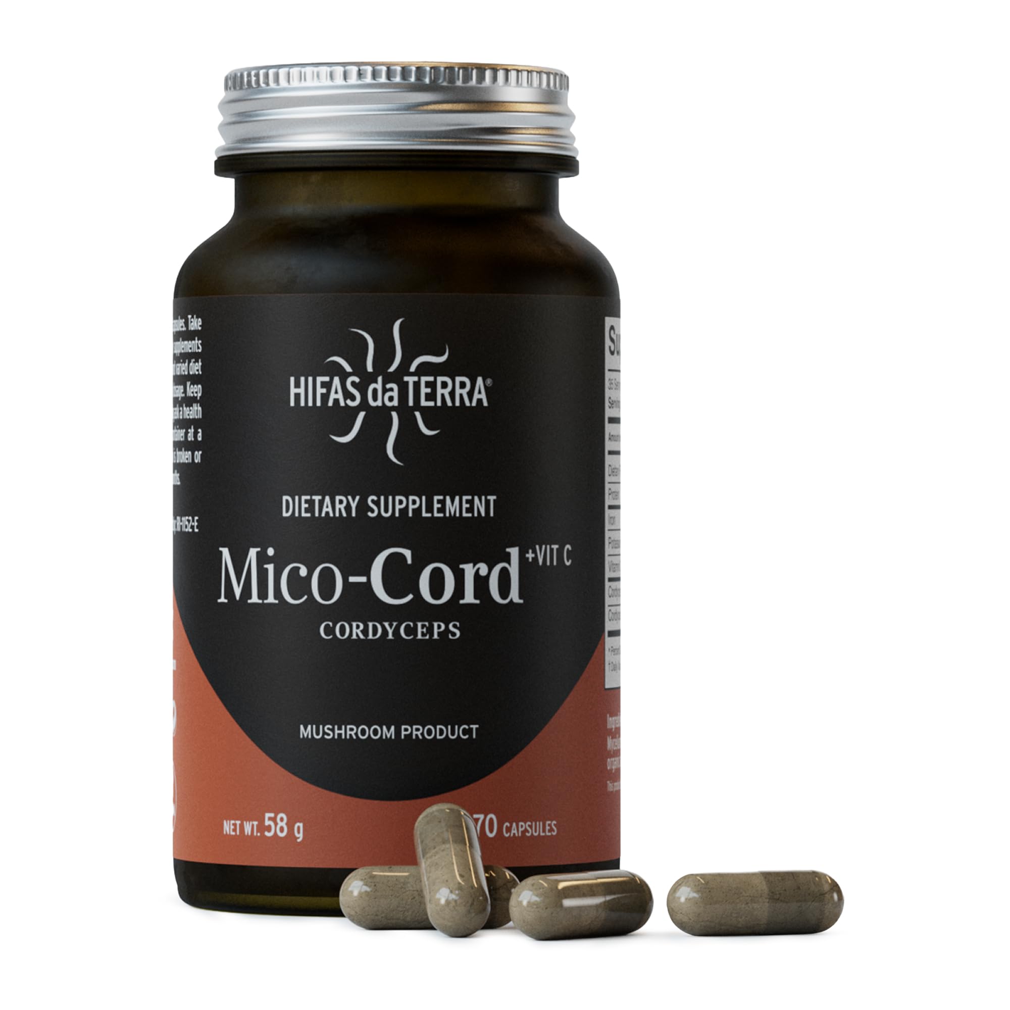 HIFAS DA TERRA Mico-Cord capsules in bottle support focus and energy.