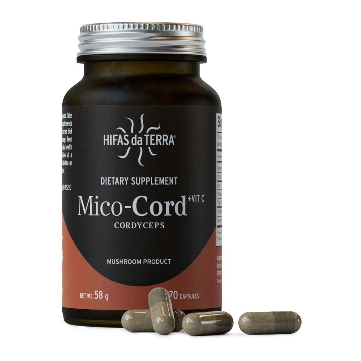 HIFAS DA TERRA Mico-Cord capsules in bottle support focus and energy.