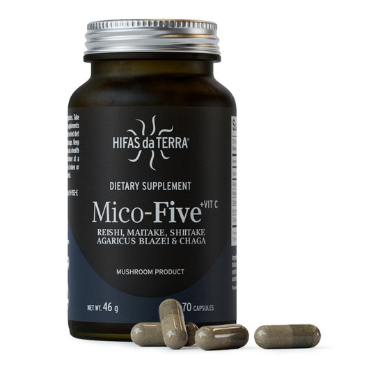 HIFAS DA TERRA Mico-Five bottle of vegan capsules for immune and brain support.