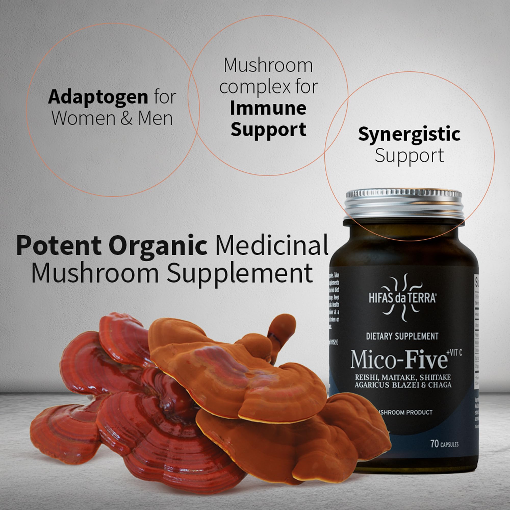 HIFAS DA TERRA Mico-Five bottle label showing organic medicinal mushroom blend.