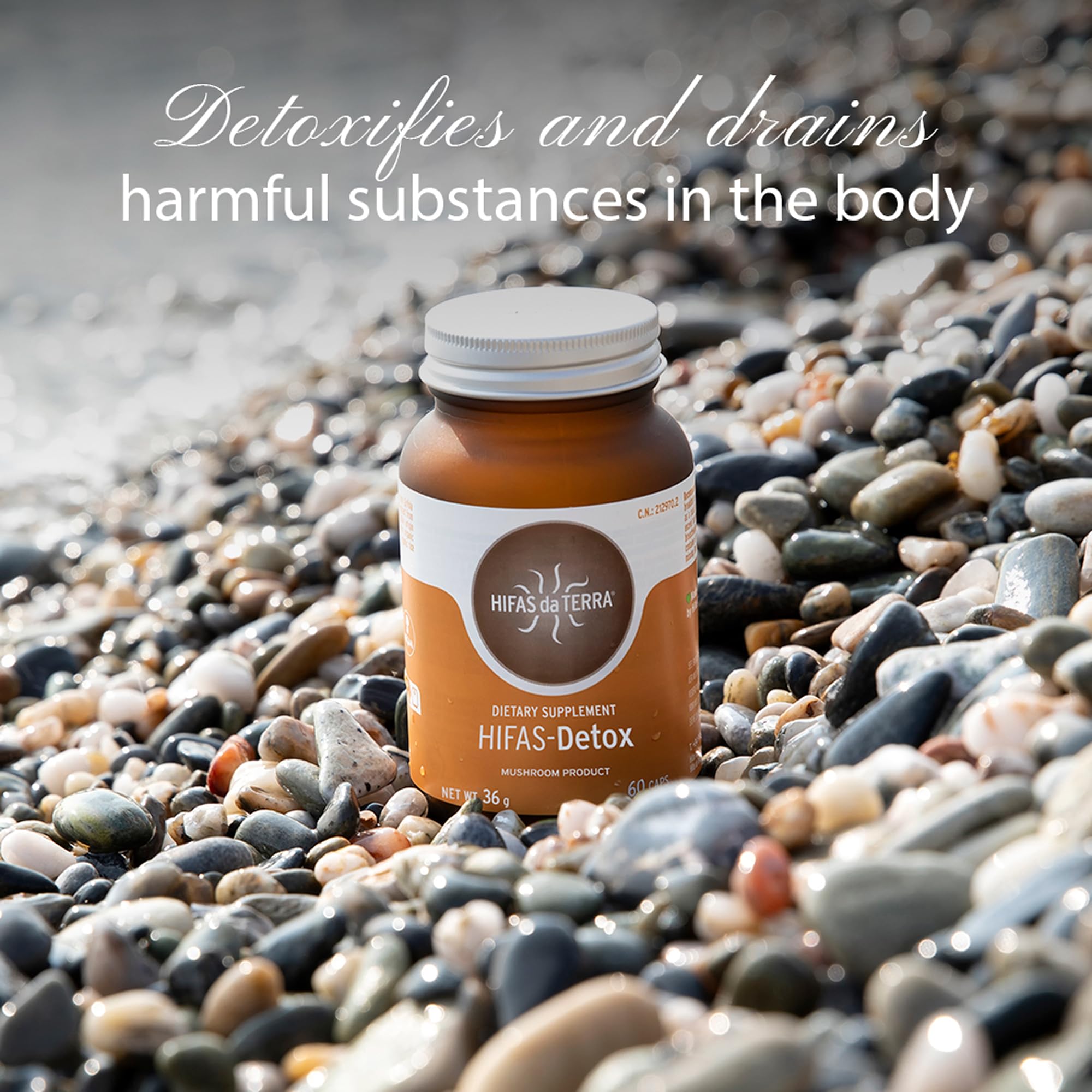 HIFAS Detox glass jar holding 60 vegan capsules, clean and allergen-free.