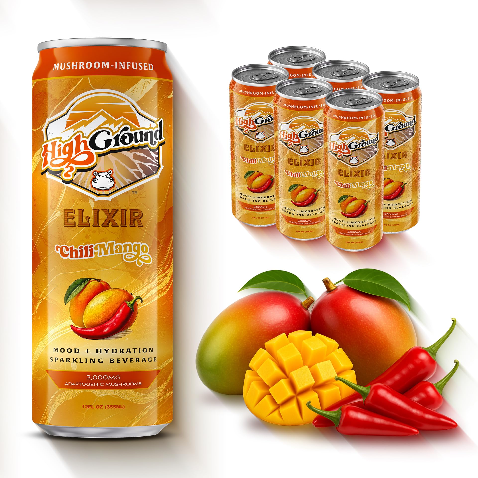 High Ground Elixir bottle showing chili mango flavor for focused mood and balanced energy