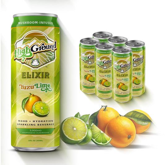 High Ground Elixir Yuzu Lime bottle showcasng focus and mood enhancement