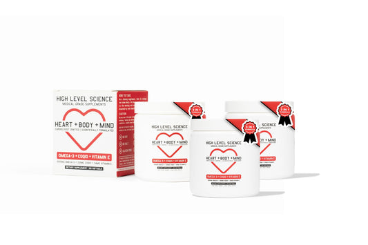 High Level Science CoQ10 Omega-3 bottle displays the all-in-one wellness formula.