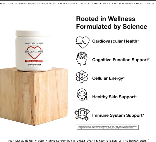 High Level Science CoQ10 Omega-3 softgels in black capsules.