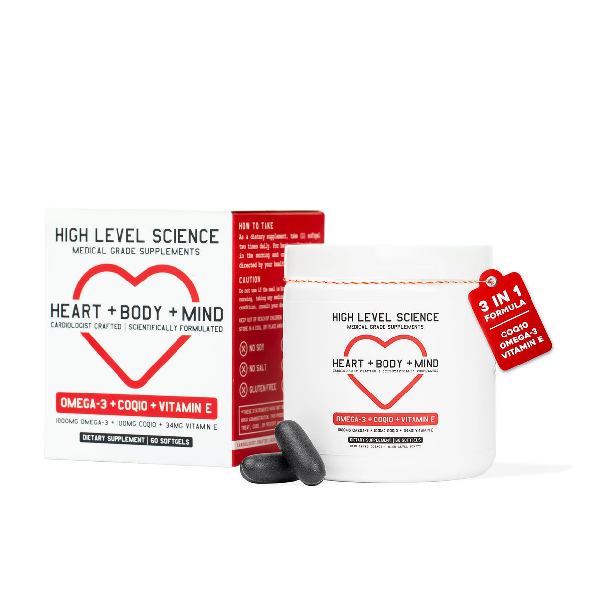 High Level CoQ10 Omega-3 Vitamin E bottle shows heart and energy support