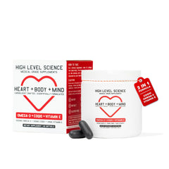 High Level CoQ10 Omega-3 Vitamin E bottle shows heart and energy support