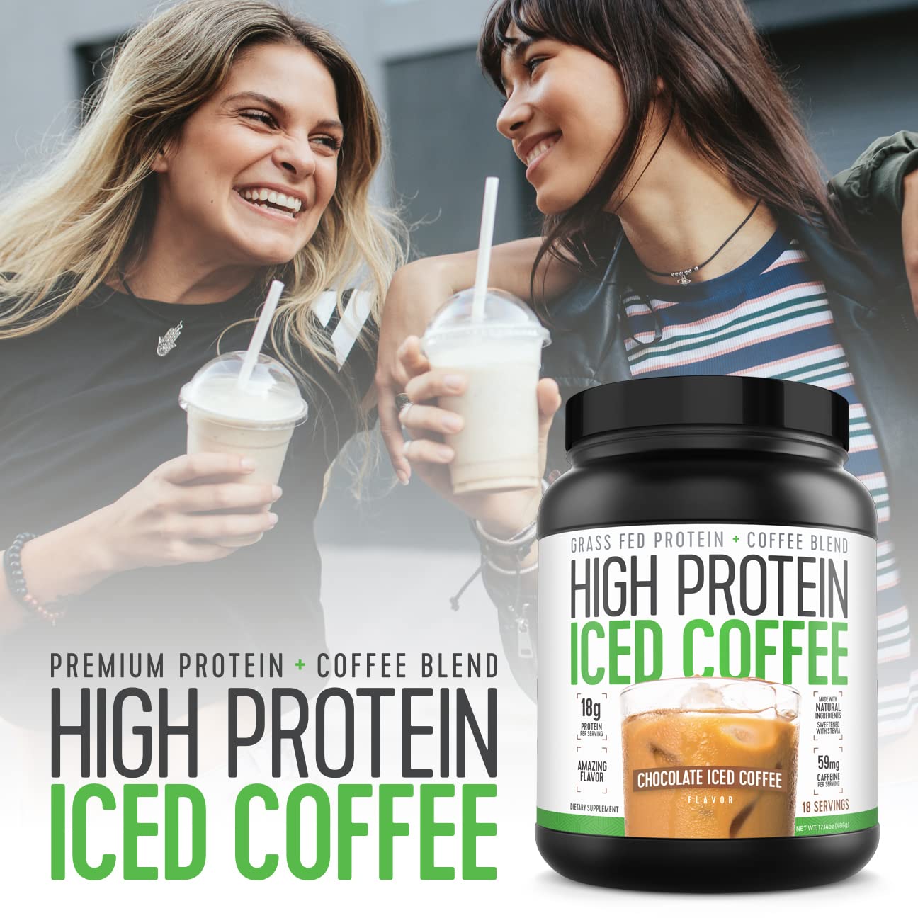 High Protein Iced Coffee nutrition label highlights whey protein content.