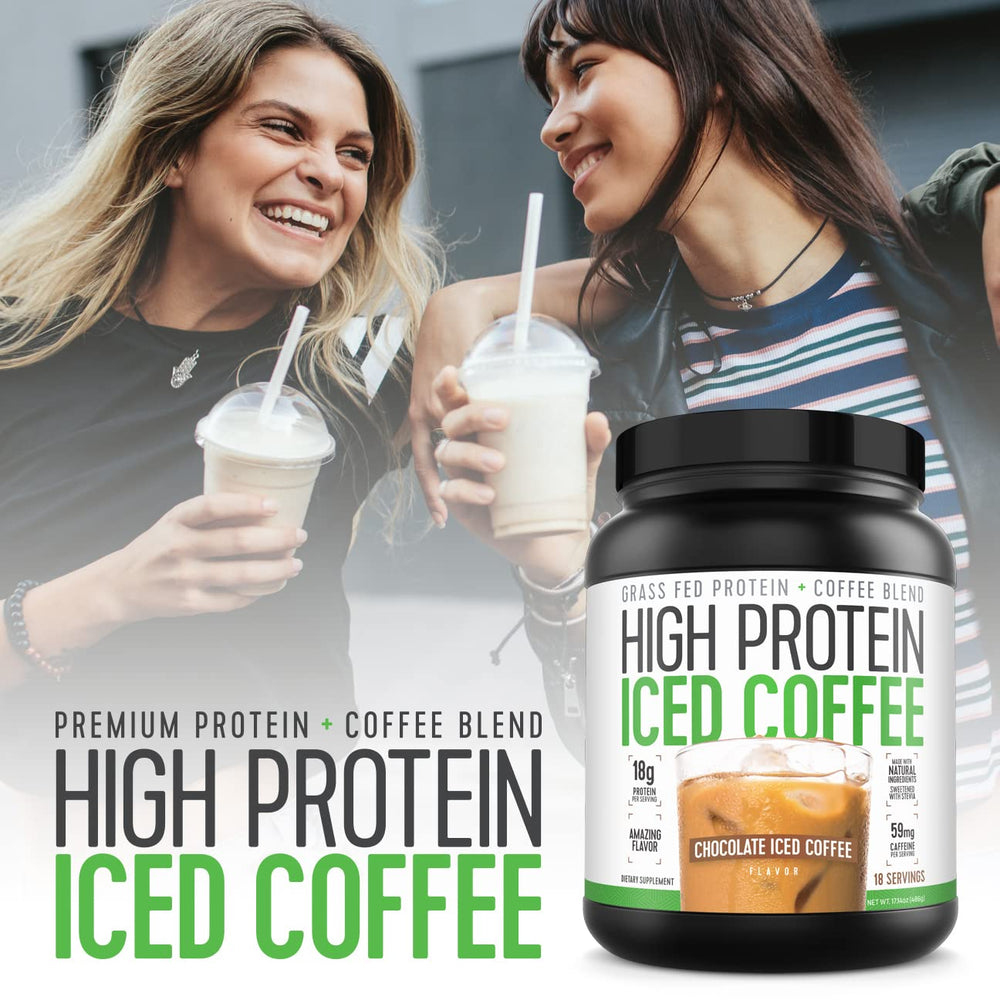 High Protein Iced Coffee nutrition label highlights whey protein content.