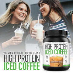 High Protein Iced Coffee nutrition label highlights whey protein content.