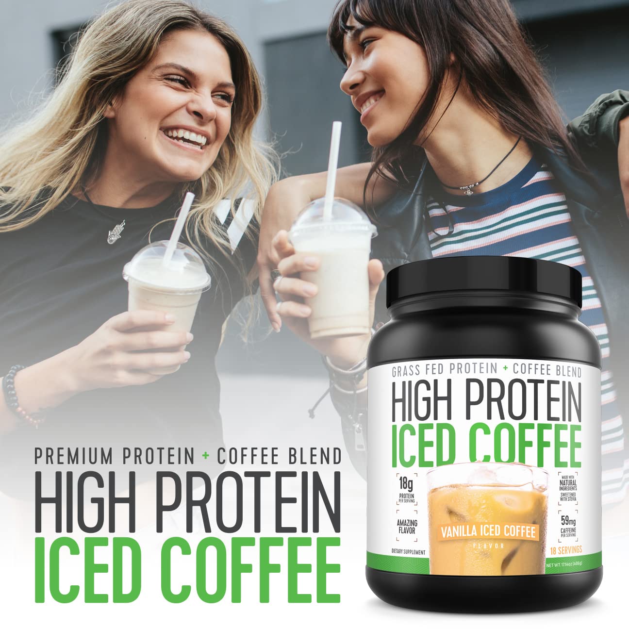 High Protein Iced Coffee Vanilla Latte ingredients card underscores grass-fed whey and natural sweetener