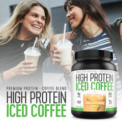 High Protein Iced Coffee Vanilla Latte ingredients card underscores grass-fed whey and natural sweetener