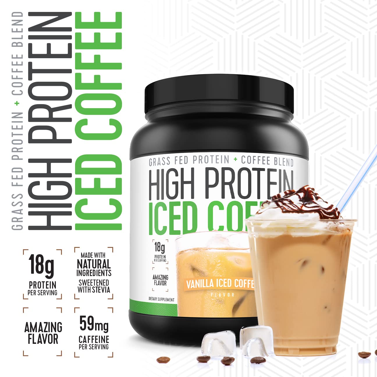 High Protein Iced Coffee Vanilla Latte nutrition panel communicates protein and carbs info
