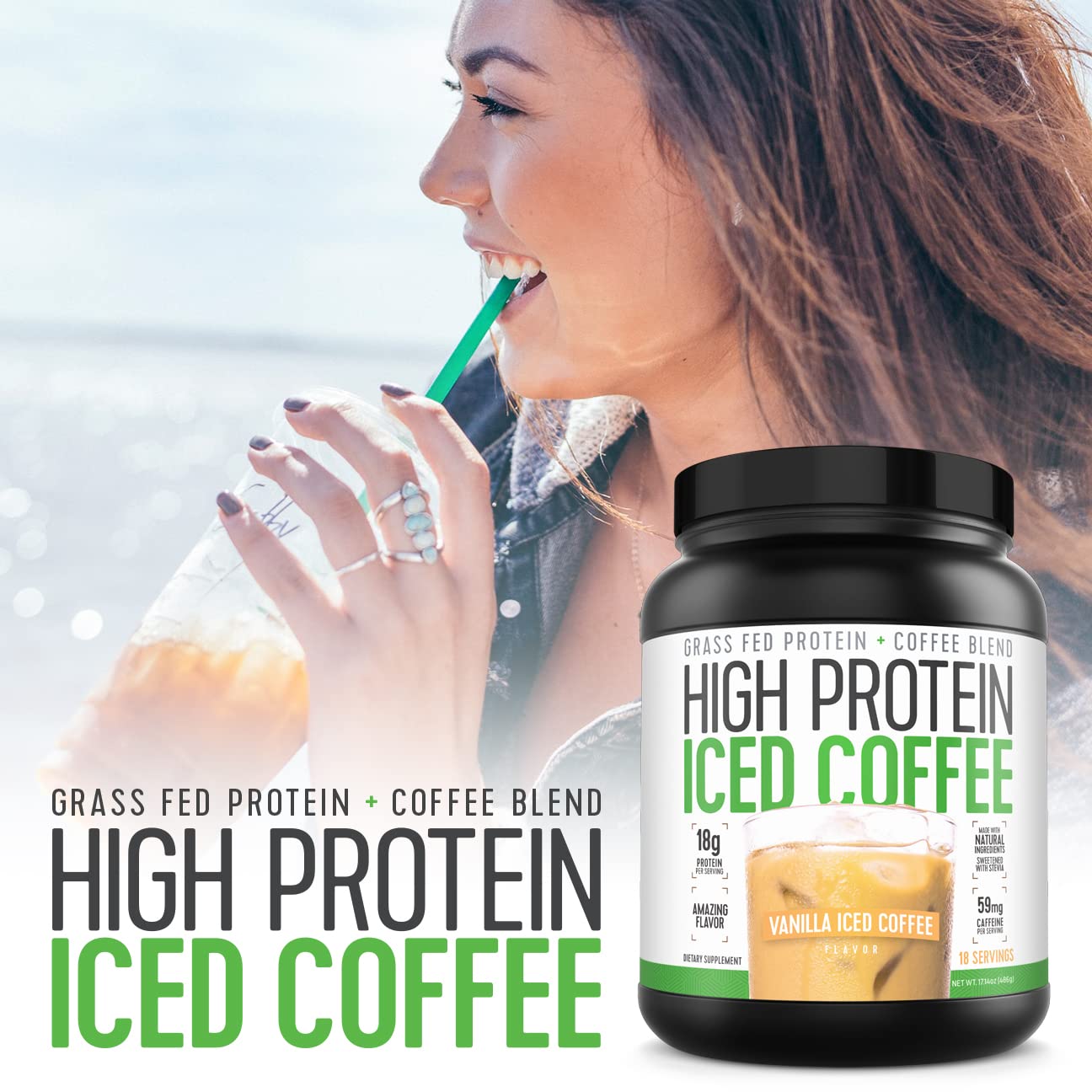 High Protein Iced Coffee Vanilla Latte scoop signals protein-forward drink option
