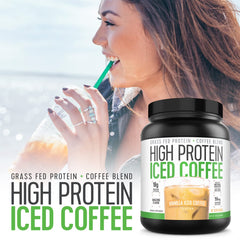 High Protein Iced Coffee Vanilla Latte scoop signals protein-forward drink option