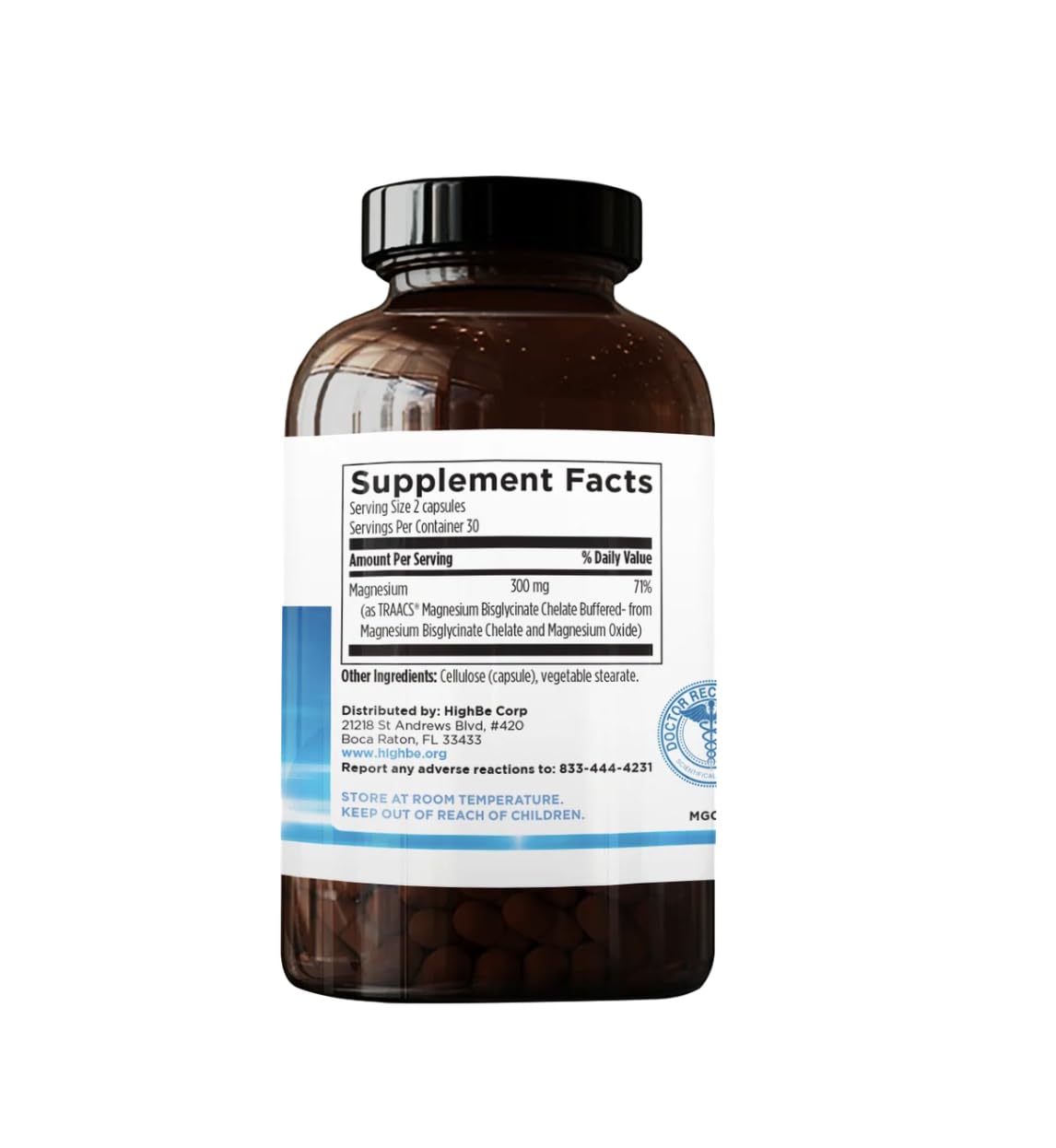 HighBe magnesium glycinate bottle front displaying vegetarian capsules and high absorption.