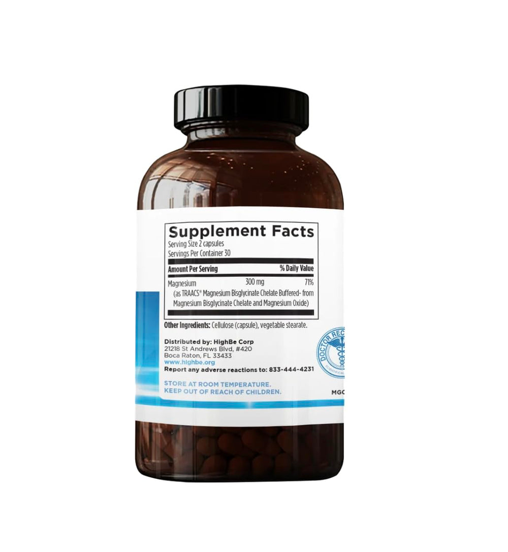 HighBe magnesium glycinate bottle front displaying vegetarian capsules and high absorption.