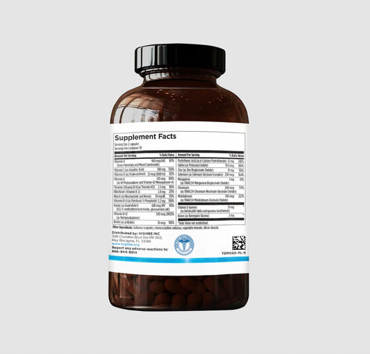 HighBe Women's Multivitamin bottle being poured to show easy daily capsule intake