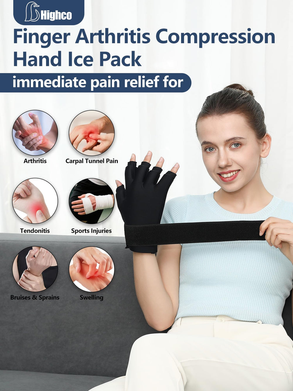 Highco hand pain relief therapy supports fingers and wrists.