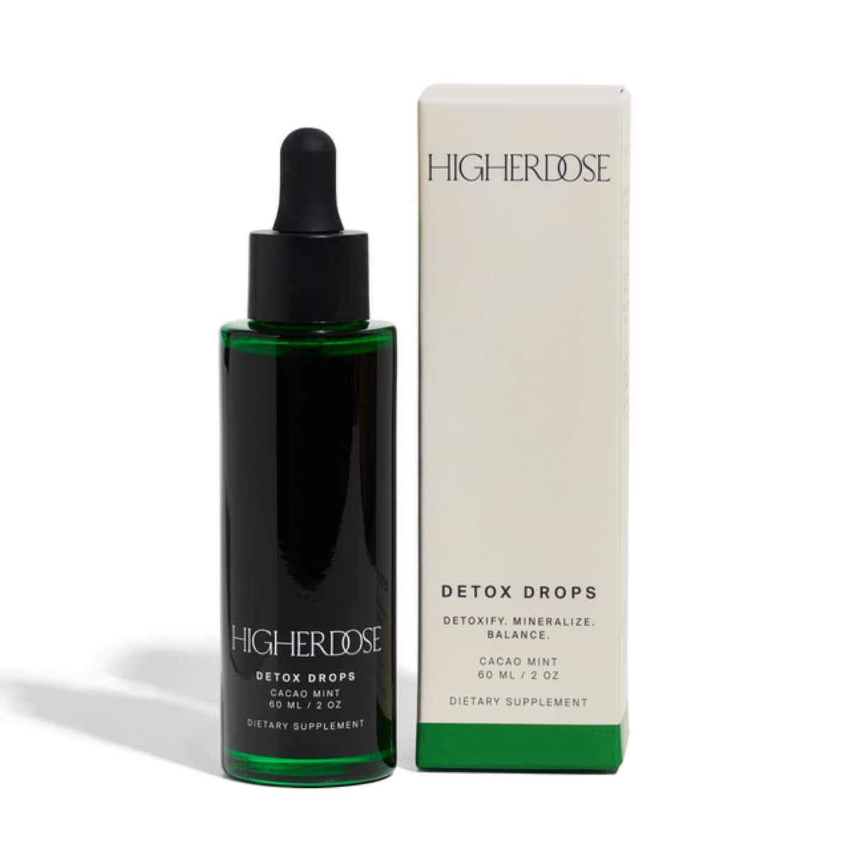 HigherDOSE Detox Drops bottle and pour for daily detox routine
