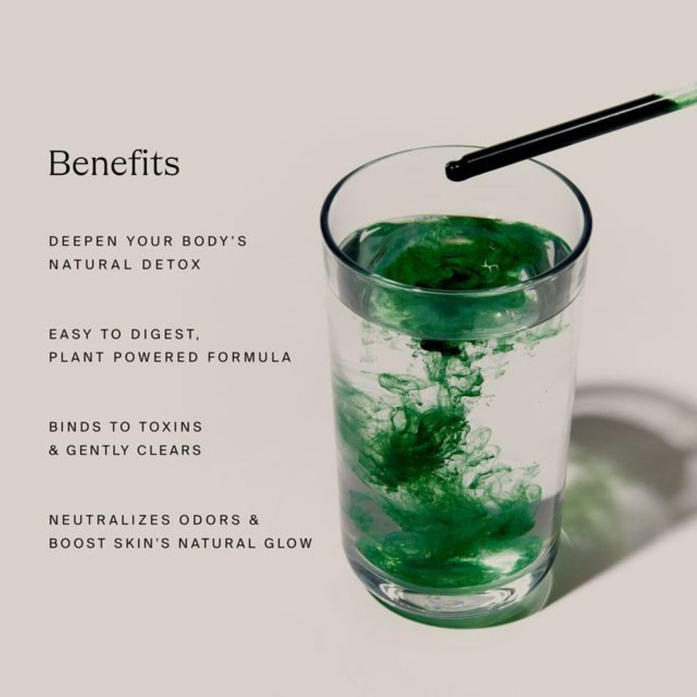 Close-up of chlorophyll liquid from HigherDOSE Detox Drops for natural glow