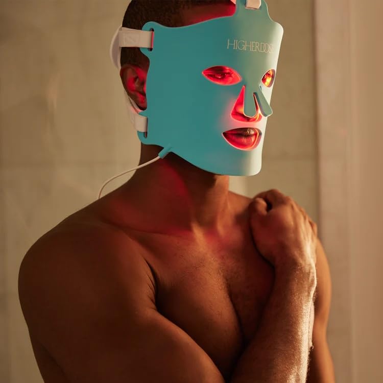 HigherDOSE LED skin rejuvenation mask in use during routine skincare.