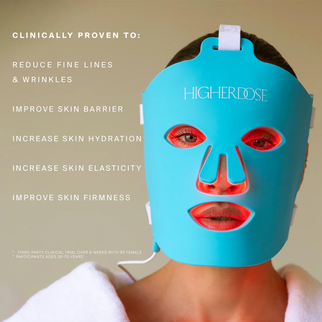 HigherDOSE near-infrared light mask close-up highlighting deep skin reach.