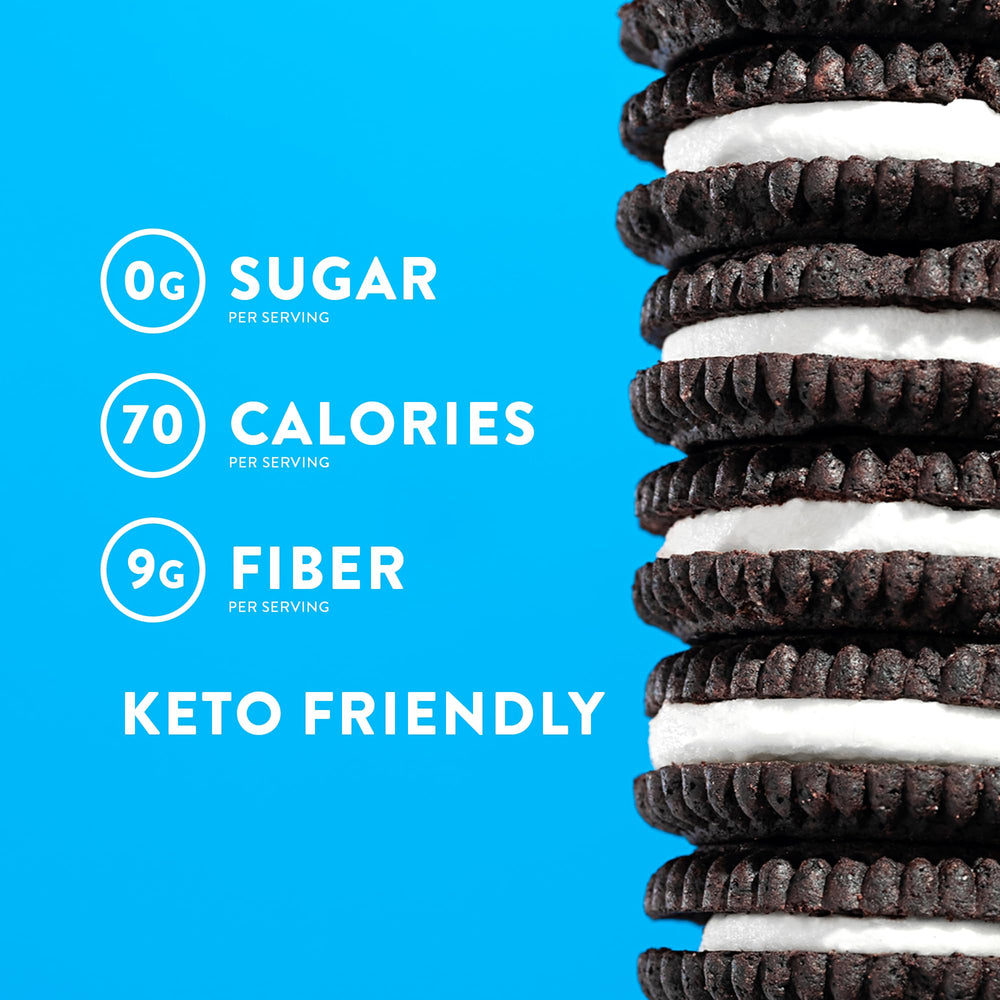 HighKey Keto Sandwich Cookies chocolate cream closeup highlights creamy filling and cocoa flavor.