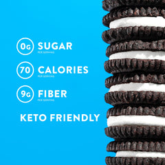 HighKey Keto Sandwich Cookies chocolate cream closeup highlights creamy filling and cocoa flavor.