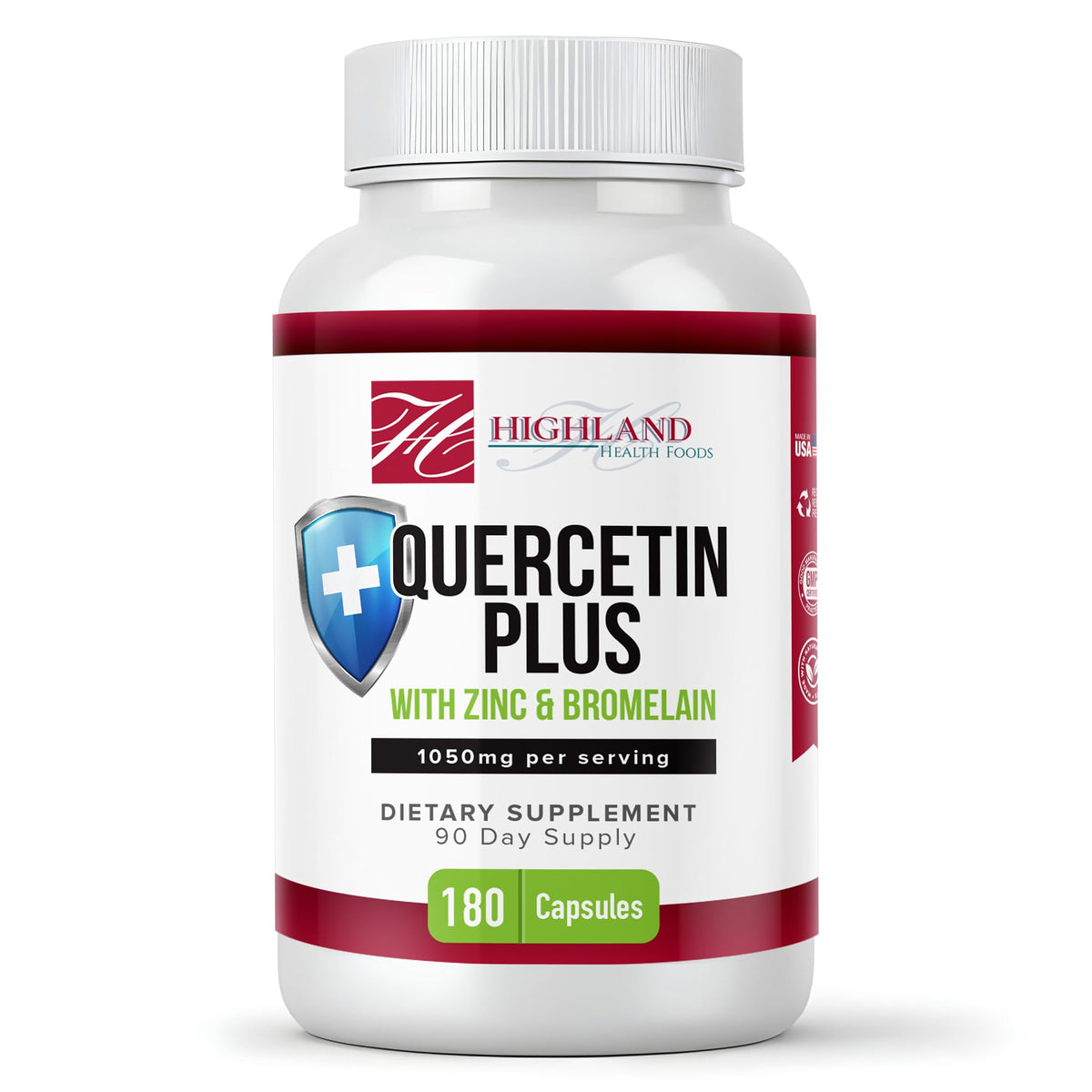 Highland Health Foods Quercetin Plus Bromelain and Zinc bottle for daily immune support.