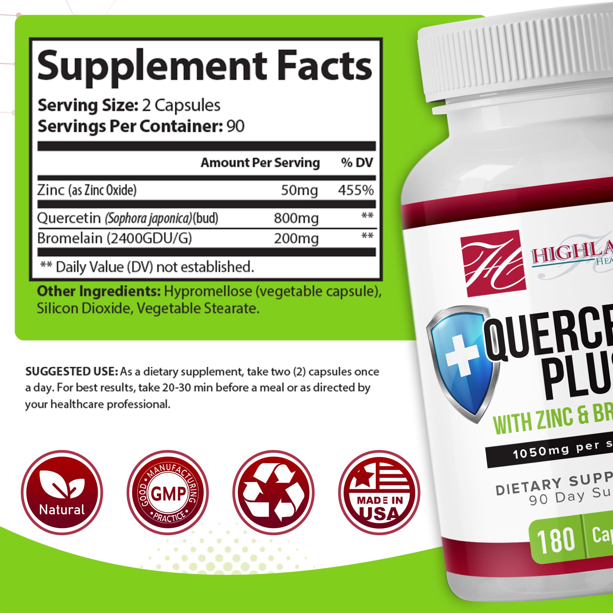 Close-up of Highland Health Foods Quercetin Plus Bromelain and Zinc capsules ready for daily use.