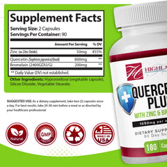 Close-up of Highland Health Foods Quercetin Plus Bromelain and Zinc capsules ready for daily use.