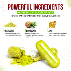 Lineup of Highland Health Foods Quercetin Plus Bromelain and Zinc capsules for daily use.