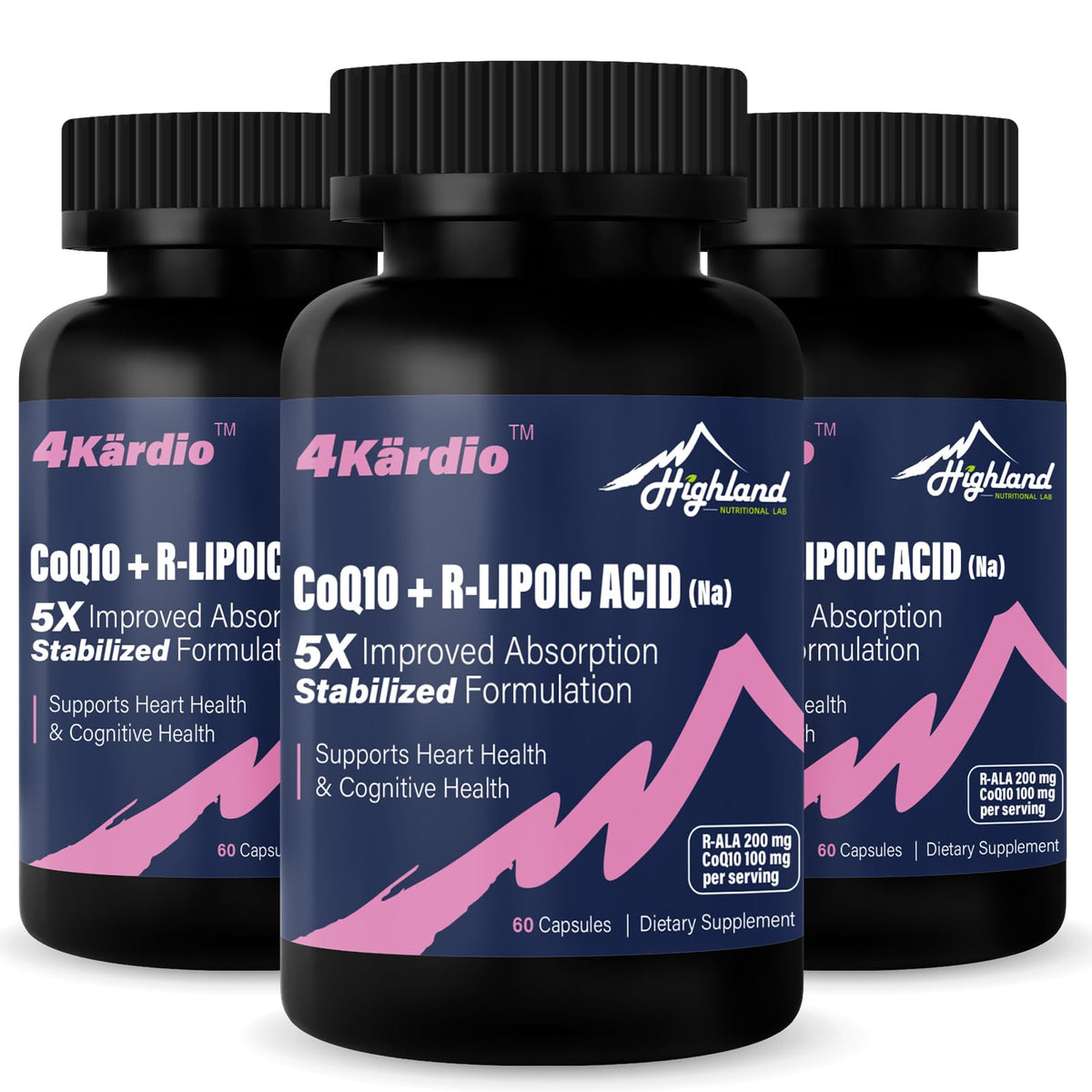 Highland Nutritional Lab CoQ10 with R-Lipoic Acid bottle front supports heart and brain health
