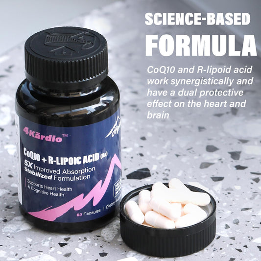 Highland Nutritional Lab CoQ10 with R-Lipoic Acid capsules close-up highlights absorption benefits