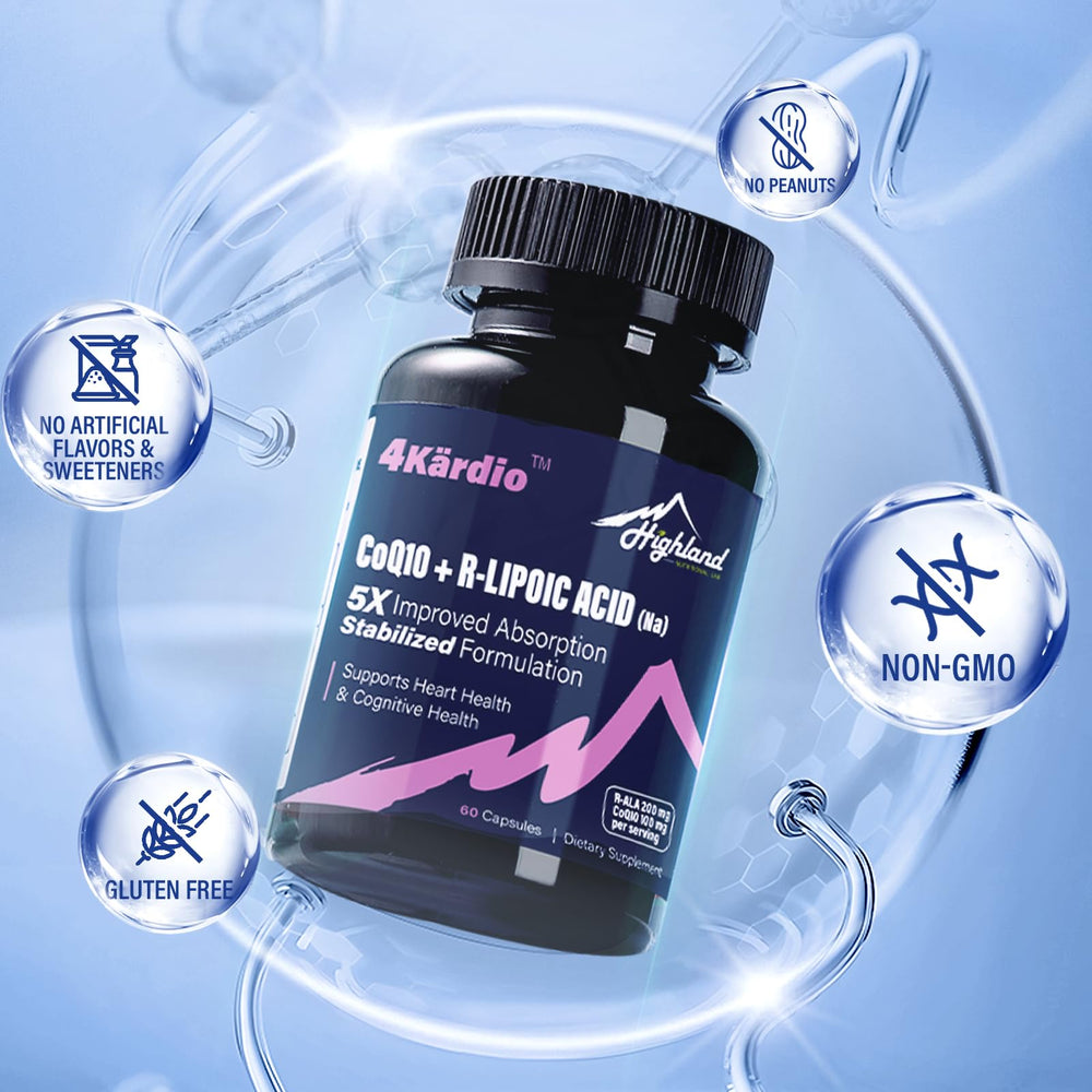 Packaging box for Highland Nutritional Lab CoQ10 with R-Lipoic Acid shows contents