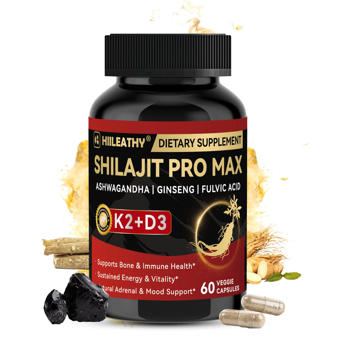 Hiiileathy Shilajit Pro Max bottle signals premium, US-made energy support.