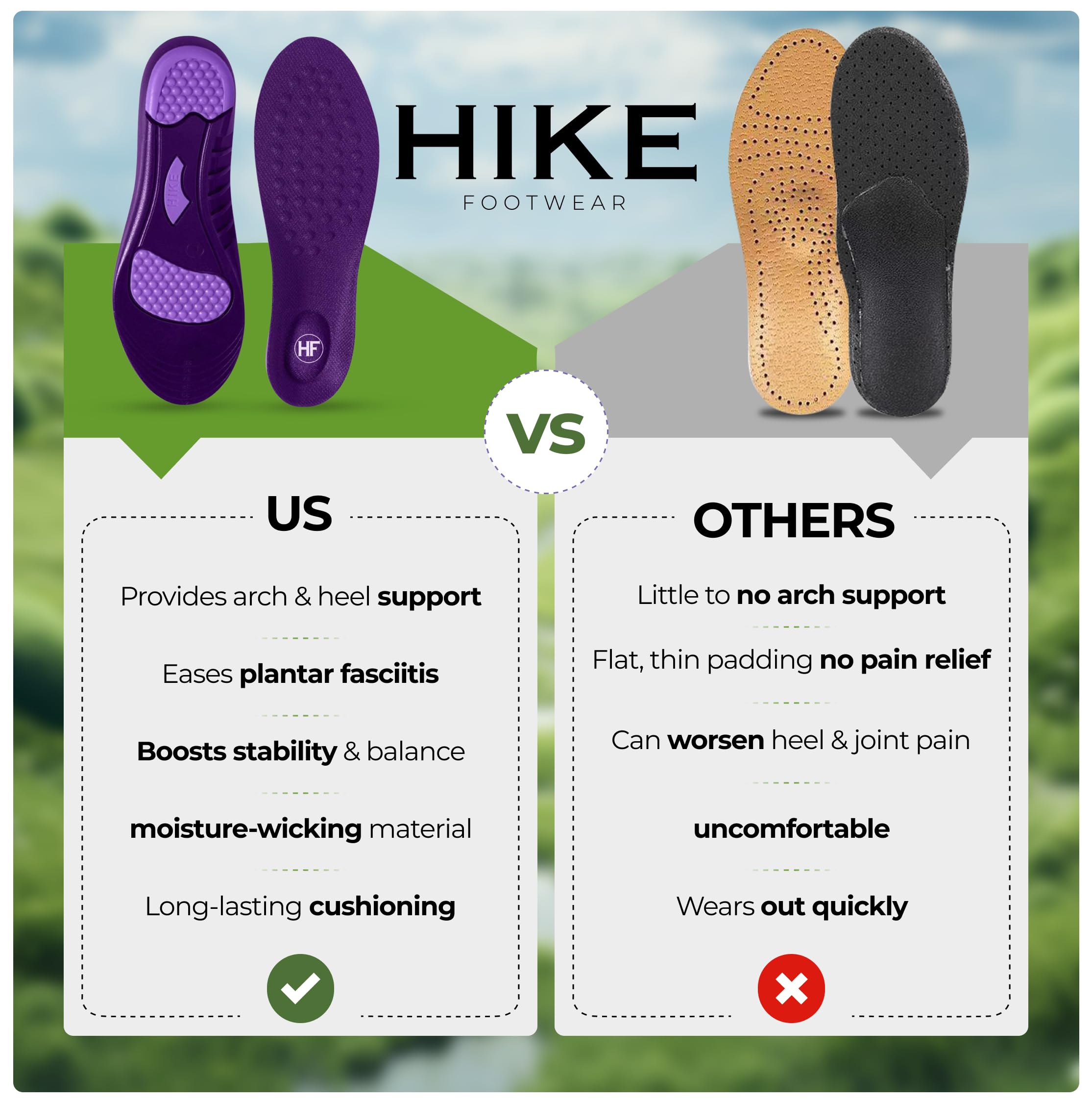 Hike Footwear ergonomic arch-support enhances stability and comfort.