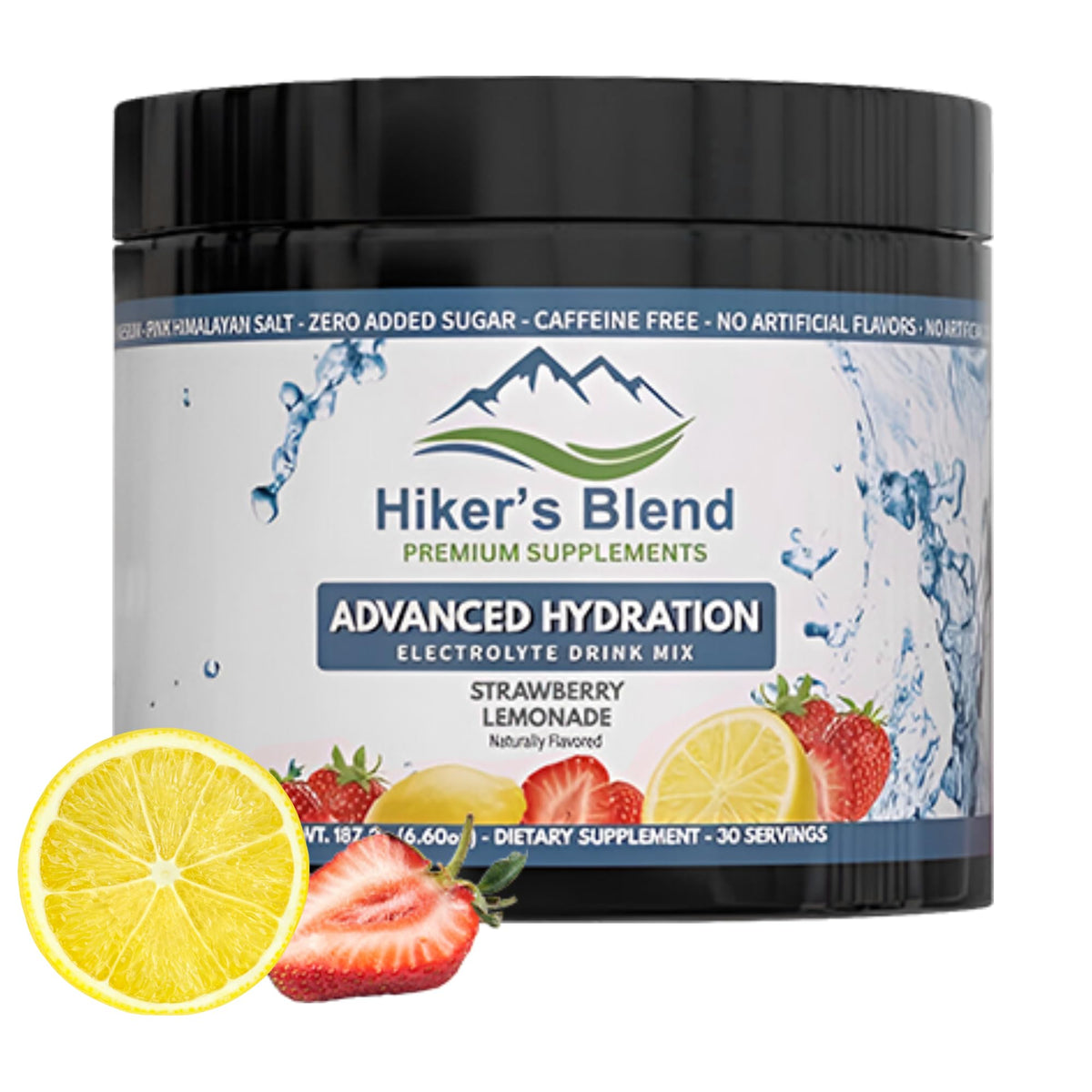 Hiker's Blend Advanced Hydration powder tub shows balanced electrolytes for endurance.