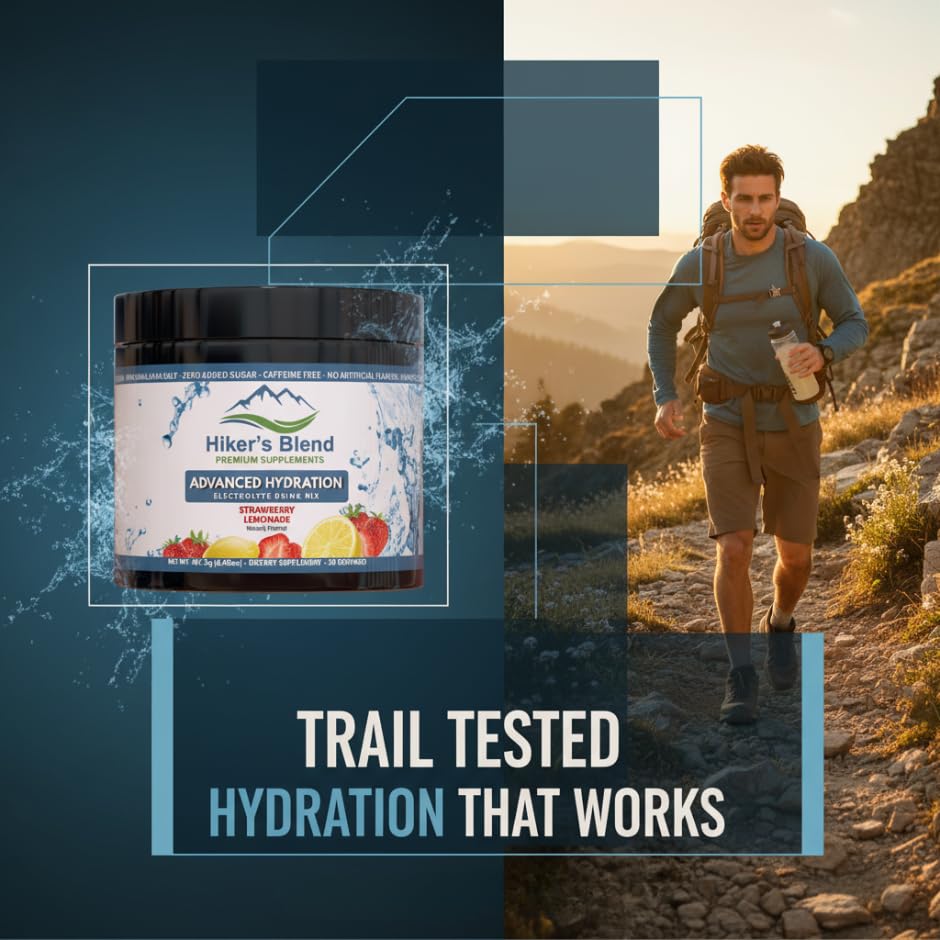 Hiker's Blend on-the-trail setup with bottle and powder for outdoors use.